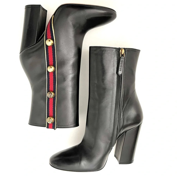 GUCCI | Web Stripe Carly Black Leather Studded Ankle Boots Block Heel US 6.5 - Picture 3 of 16